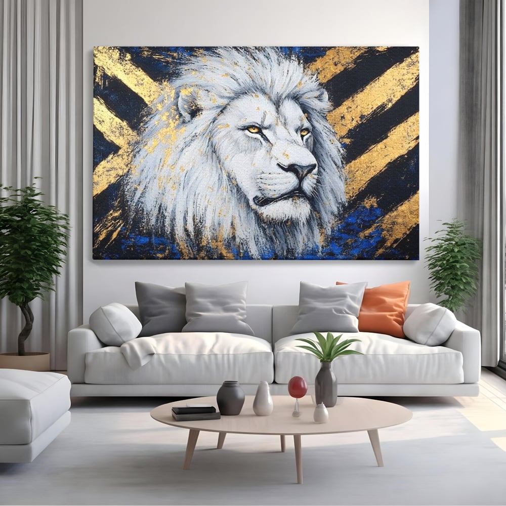 Tablou canvas cu tablou canvas cu leu alb si accente aurii, fara rama, pe sasiu de lemn, pe perete intr-un living